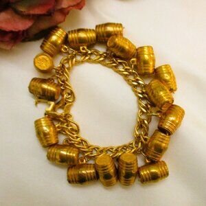 Vintage MONET Charm Bracelet: SEAGRAM'S GIN Barrel Charms, Gold Plate